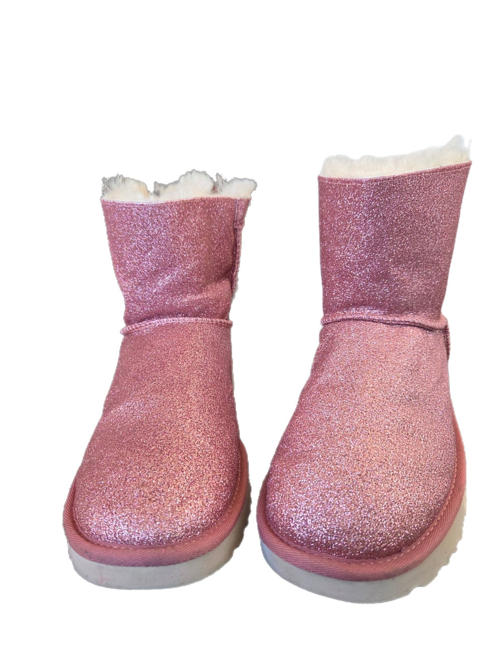 UGG Mini Bailey Bow Pink Sparkle Glittery Shearling Short Boot Size 8